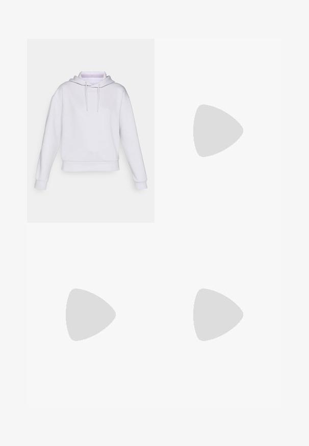 White oversized hoodie with long sleeves, drawstring hood, and a ribbed waistband. Made of soft, smooth fabric without patterns or accents.; Black cropped tank top made of textured fabric, featuring a round neckline, white logo, and two small reflective accents on the shoulders.; Black leggings made of stretchable fabric, featuring a high waistband and a white logo printed on the lower left leg. Smooth texture.; White athletic shoe with mesh upper, pink accents, textured patterns, and a thick white sole. Features laces and a cushioned heel.