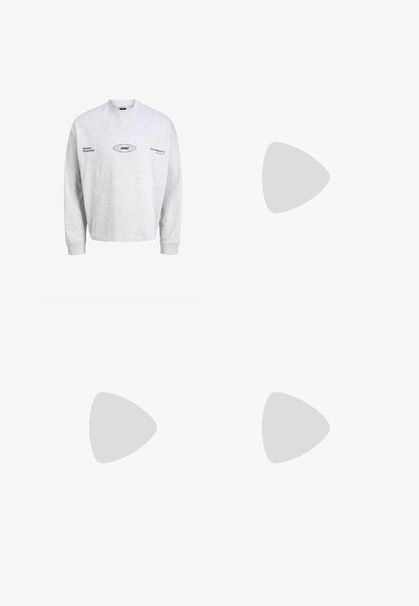 Gray cotton sweatshirt with long sleeves, crew neck, and embroidered text. Features "Athletic Essentials" and "1990" designs on the front.; White cotton t-shirt with short sleeves, rounded neckline, relaxed fit, and no visible logos or patterns. Smooth texture and minimal design.; High-waisted, loose-fitting jeans in faded black denim. Features five pockets, belt loops, and a clean, straight leg design.; Gray and white sneaker with a suede and leather upper, rounded toe, flat laces, and a rubber sole featuring a gum accent.