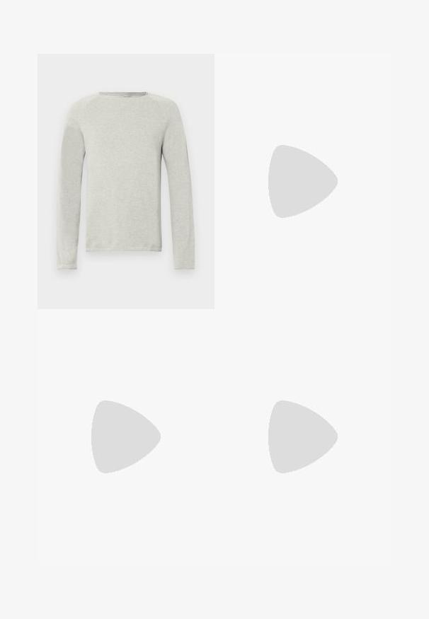 Light gray long-sleeve shirt with a round neck, textured fabric, and raglan sleeves. Simple design, no visible logos or patterns.; Black cotton t-shirt with short sleeves and a round neckline. The fabric has a smooth texture and a simple, solid design.; Black pleated trousers with a straight, wide-leg design. Made from smooth fabric, featuring a button closure and belt loops.; Black leather loafers with a smooth finish, rounded toe, and decorative stitching on the vamp. Low stacked heel and slight shine.