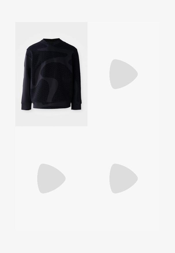 Black sweatshirt with textured fabric, featuring a prominent tonal pattern and round neck; long sleeves with ribbed cuffs and hem.; Black cotton T-shirt featuring a round neckline, short sleeves, and "EMPORIO ARMANI" logo in white above "Milano" in a curved design.; Black, high-waisted trousers with a wide-leg cut, made of smooth fabric. Features front pleats and belt loops. Minimalistic design, no visible hardware.; Black leather sneaker with a low profile, rounded toe, and lace-up closure; features a textured rubber sole and logo detail on the heel.