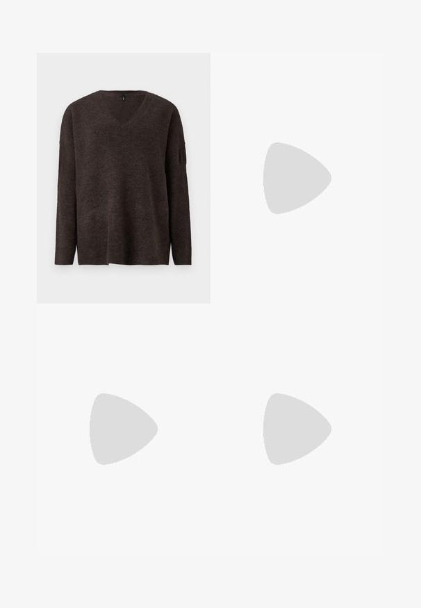 Dark brown, v-neck sweater with long sleeves and a relaxed fit. Soft texture and slight ribbing at cuffs and hem. No visible logos.; Black denim flared jeans with a high waist, featuring side seams and a clean finish at the hem. Fabric has a smooth texture with slight stretch.; Black patent leather slingback heels with a pointed toe and a geometric block heel. Features a sleek, minimal design and smooth texture.; Black leather tote bag with smooth texture, rectangular shape, and two long handles. No visible hardware or embellishments.