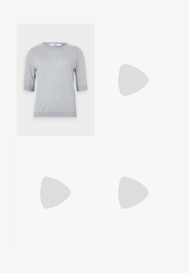 Light gray short-sleeve knit sweater with a round neckline and ribbed hem. Smooth texture and simple design without patterns or embellishments.; Light blue denim jeans with a high waist, wide-leg cut, two side pockets, and pleated design feature. Soft texture with a faded finish.; Beige block-heeled sandals with thin straps and a square toe. Smooth material with minimal detailing, designed for easy wear.; Black leather handbag with a structured design, featuring a cropped shape, top handle, and gold hardware accent. Adjustable shoulder strap included.