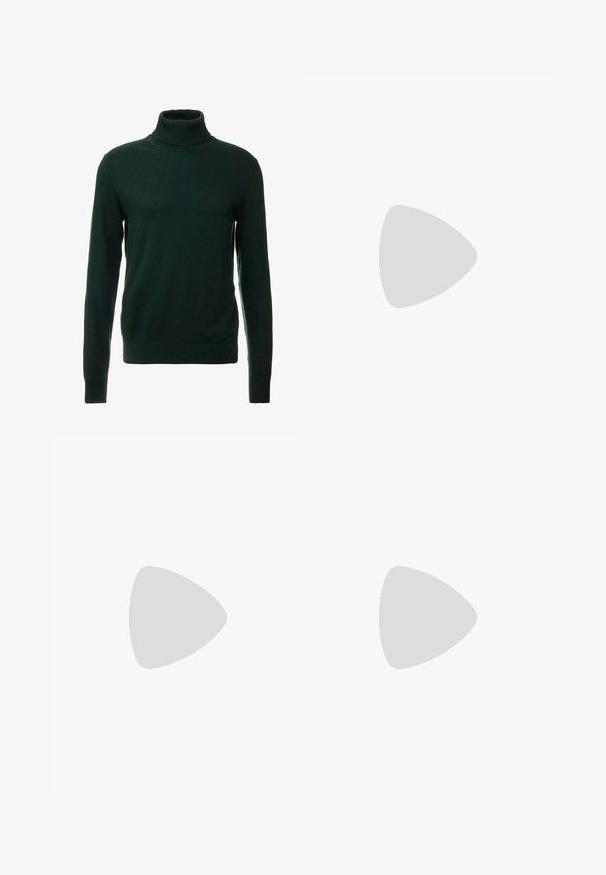 Pulover de culoare verde închis, cu guler înalt, realizat dintr-un material tricotat fin. Are mâneci lungi și un guler ajustat. Design clasic, fără modele.; Pantaloni bej cu picioare wide-leg, cu o textură netedă, prevăzuți cu bucle pentru curea, două buzunare frontale și închidere cu fermoar. Design minimalist.; Mocasini din piele neagră cu vârf rotund, design slip-on și talpă groasă din cauciuc cu un grip texturat. Toc înălțat și detalii subtile de cusătură.; Ochelari de soare dreptunghiulari negri cu lentile verde închis, având un cadru din plastic ușor și accente argintii pe tâmple.; Ceas quartz metalic cu cadran negru, numerale albe și afișaj de dată. Dispune de o bratara din oțel inoxidabil și o rezistență la apă de 100m.