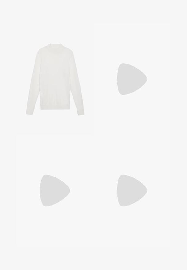 Jersey blanco de cuello alto, con mangas largas y puños y dobladillo acanalados. Fabricado en un suave tejido de punto. Diseño simple y ajustado.; Camiseta de algodón blanca con escote redondo, mangas cortas y un corte relajado. La etiqueta dice "URBAN CLASSICS." Textura suave, sin patrones ni acentos.; Pantalones cargo caqui con cintura elástica y cordón, que cuentan con bolsillos laterales y tobillos ajustados. Fabricados en un material ligero y texturizado.; Zapatillas de cuero blanco con perforaciones, punta redonda, suela plana y cordones gruesos, con un logo de swoosh visible y "AIR" en el talón.