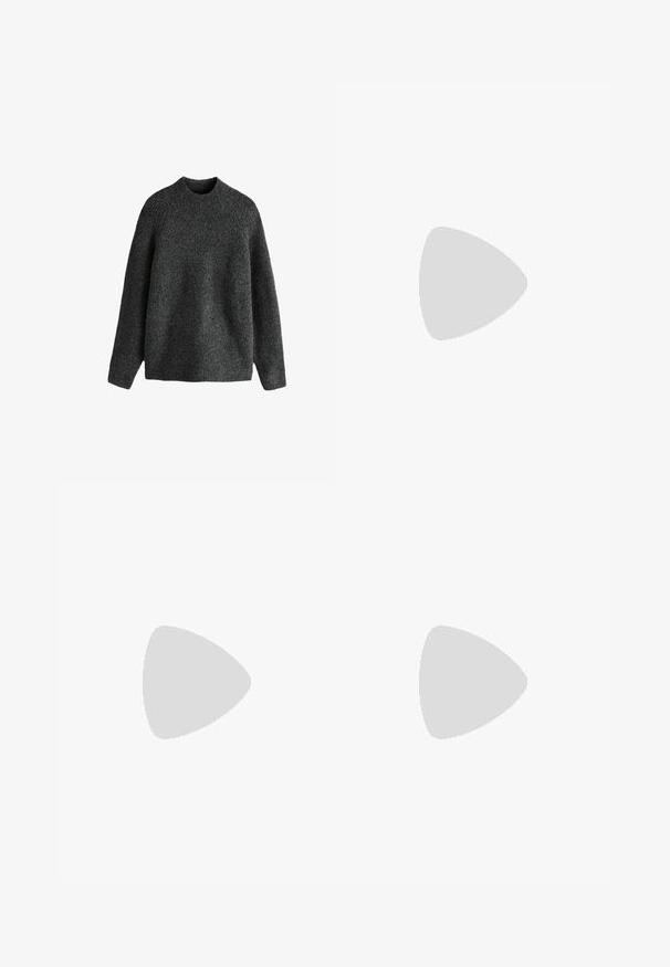 Dark gray knitted sweater with a high neckline, dropped shoulders, and ribbed texture. Long sleeves and a relaxed fit without embellishments.; Light blue wide-leg jeans made of denim, featuring a mid-rise waist, five pockets, and a button closure with a slim metal accent.; White leather low-top sneakers with a round toe, flat white rubber sole, and minimalistic stitching detail. Laces secured through six eyelets.; Woven wool scarf in dark navy and cream plaid, featuring fringe edges and a small black label accent. Soft texture with a rectangular shape.
