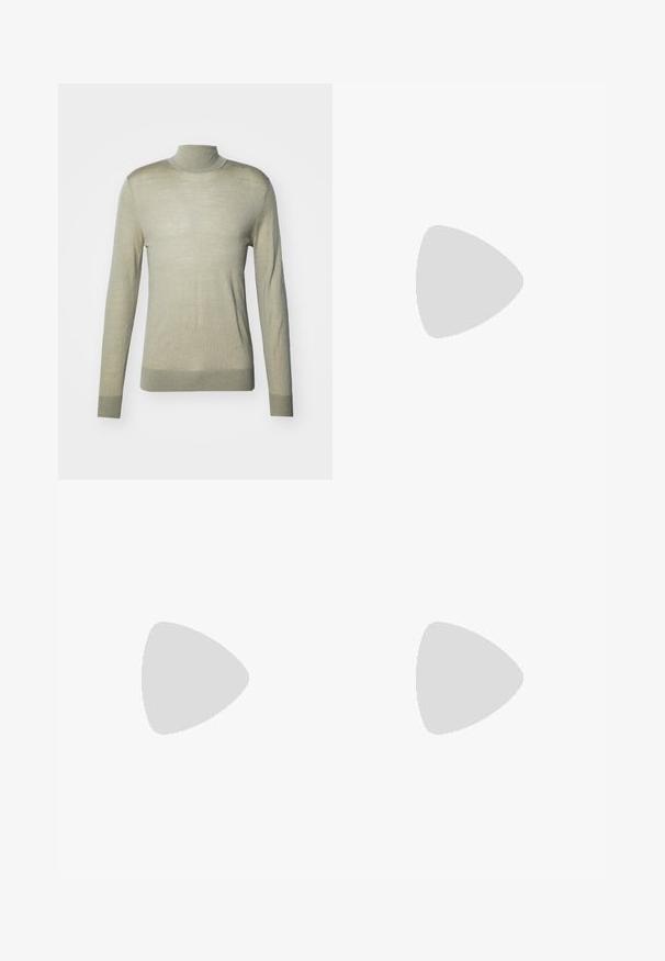 Tiger of Sweden NEVILE - Jumper - granite green; Black wide-leg jeans with contrasting white stitching, five-pocket design, and striped cuffs. Material appears sturdy with a smooth texture.; Black leather shoes with ridged black soles, paired with brown, tailored pants made of a smooth, textured fabric.; Sunglasses with a black frame, gray tinted lenses, and sleek design. Features curved edges and thin arms for a lightweight look.