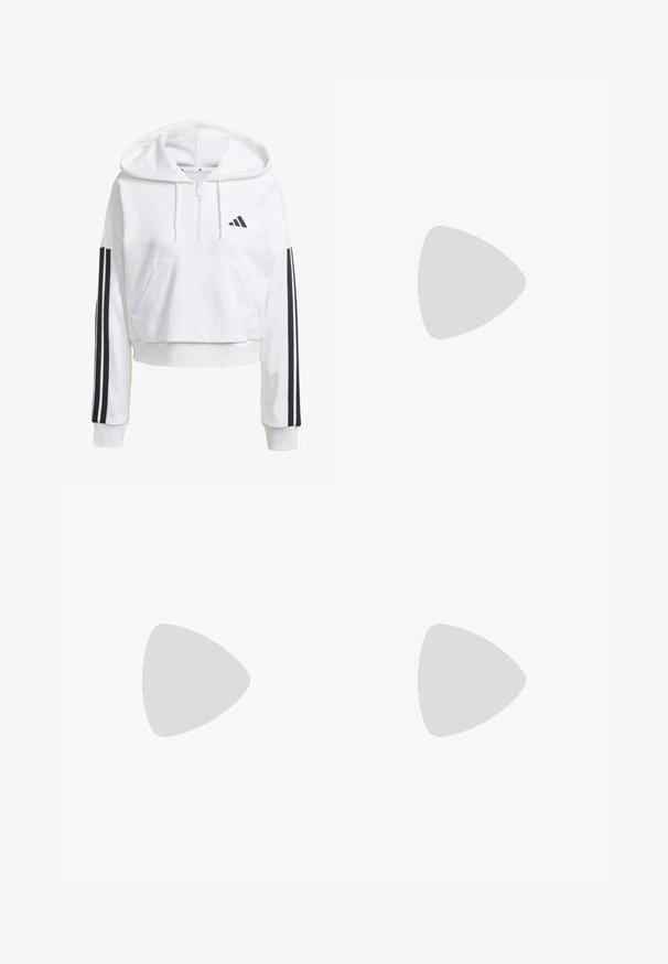 Haut de vêtements à capuche blanc, court, avec une poche avant, des détails noirs en trois bandes sur les manches et un petit logo noir sur la poitrine. Tissu doux.; Haut d'entraînement noir à manches longues et coupé, en tissu lisse. Présente un logo blanc sur la poitrine et des accents rayés sur les manches.; Leggings de sport noirs en tissu extensible, avec une taille haute et un logo de marque blanc sur la hanche gauche.; Baskets blanches avec un dessus en mesh respirant, trois rayures noires, semelle légère et accents texturés au niveau du talon pour un soutien.