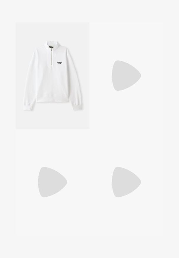 Sweatshirt zippé blanc avec un col haut, arborant un logo noir sur le devant. Tissu doux, coupe décontractée, poignets et ourlet côtelés.; Jeans en denim bleu clair avec une coupe évasée, dotés d'un style classique à cinq poches et d'une fermeture à bouton à la taille.; Baskets montantes en suède blanc, gris et noir avec des accents jaunes et roses. Dotées d'un swoosh noir et d'une semelle en caoutchouc texturée.; Lunettes de soleil noires carrées avec des verres marron, présentant une finition mate et des accents dorés sur la monture. Le design est angulaire avec des branches larges.; Montre rectangulaire Casio avec un cadran blanc, des accents dorés, des chiffres romains et un bracelet en cuir avec motif crocodile marron. Design résistant à l'eau.