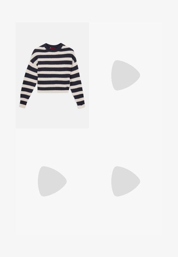 Stripet strikket sweater med skiftende marineblå og cremehorisontale striber, rund halsudskæring, ribbet tekstur og lange ærmer.; Sorte pinstripede bukser med en skræddersyet pasform, der har en manchetkant og frontfolder. Lavet af glat stof med et struktureret design.; Paul Smith TOPANGA - Ballerinasko - black; Mørkeblå læderhåndtaske med to lange håndtag, en spænde detaljer og en nøglering vedhæftet. Den har en glat tekstur og en rektangulær form.