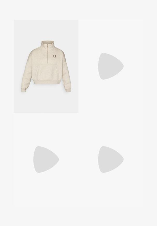 Beige pullover huppari, jossa on puolivetoketjukaulus, etutasku ja ribbaustakit. Mukana Under Armour -logo brodeerattuna ruskealla.; Musta urheilutoppi, joka on valmistettu joustavasta materiaalista. Siinä on napakka malli, leveät olkaimet ja ristikkäiseljä. Pieni valkoinen logo edessä.; Mustat korkeavyötäröiset täysimittaiset legginsit, joissa on sileä kangas ja näkyvät saumat edessä ja vyötäröllä.; Vaaleanharmaa urheilujalkine, jossa on teksturoitu neulepäällinen, mintunvihreät yksityiskohdat, valkoiset nauhat, kumipohja ja vetolenkki kannassa.