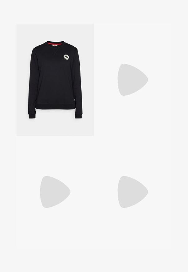 Felpa nera con maniche lunghe, scollatura tonda e polsini a costine. Presenta un logo circolare sul petto e cuciture a contrasto.; Polo bianco senza maniche con colletto zip. Presenta una grafica circolare rosa che assomiglia a un frutto a fette sulla zona del petto. Tessuto morbido.; Gonna sportiva bianca con una texture liscia, una cintura larga e un logo nell'angolo in basso a destra. Presenta una vestibilità morbida per garantire comfort.; Scarpa da corsa nera con tomaia in mesh, intersuola bianca e suola nera testurizzata. Presenta il logo sul lato e lacci piatti.