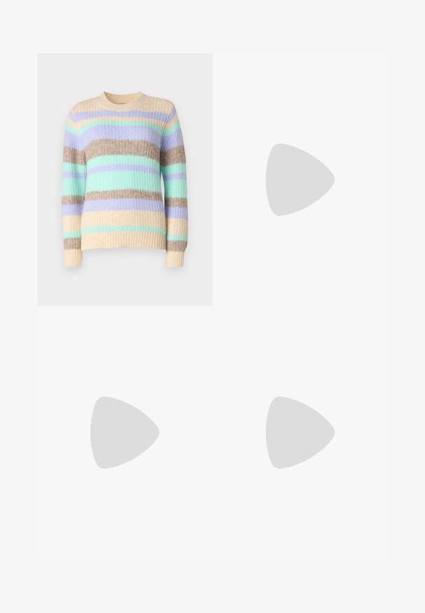 ONLY ONLMAGGIE LIFE O NECK  - Pulóver - birch/picante/aqua sky/pastel lilac; Világoskék, magas derekú, széles szárú farmernadrág ötfényzsebbel, gombos záródással és övhurkokkal, amihez egy testhezálló, fehér, hosszú ujjú felső tartozik.; Fekete lakkbőr cipők vastag talppal és széles fűzővel. Kerek orr, minimális díszítés és egy kis sarkantyú a hátsó részén.; Fémkeretes napszemüveg ovális zöld lencsékkel. Vékony ezüst színű fémkeret és fekete fülrész. Minimalista dizájn, látható logók nélkül.