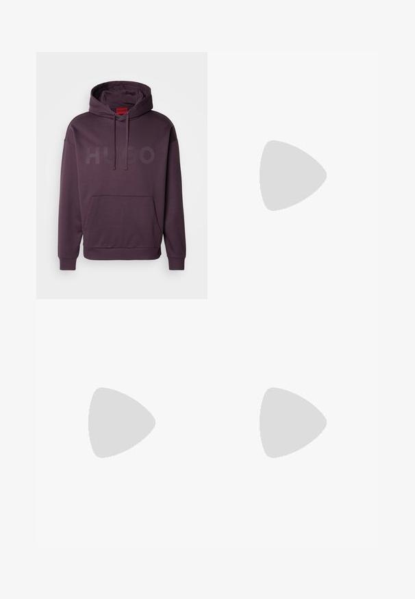 HUGO DITCHLE - Sweatshirt - open purple; Beige cotton t-shirt featuring a blue geometric pattern with a bird design. Red label with "HUGO" at the neckline. Short sleeves, crew neck.; Black cargo pants made of cotton with a relaxed fit, featuring side pockets, a button closure, and straight legs. Simple design without patterns.; White athletic shoes made of mesh and suede, featuring a textured midsole, textured accents, and "HUGO" logo on the side.