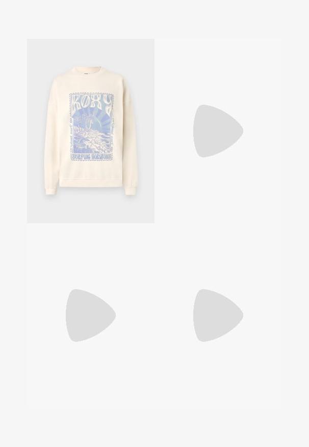 Helles Creme-Sweatshirt mit Rundhalsausschnitt und gerippten Bündchen. Die Vorderseite zeigt ein blaues Grafikdesign mit "ROXY" und einer Strandlandschaft.; Helle beige Cargo-Hosen mit lockerer Passform, ausgestattet mit einem Knopfverschluss, seitlichen Taschen und verstellbarem Saum mit Bändern. Glatte Stoffoberfläche.; Schwarze und grüne Sportsneakers mit Obermaterial aus Wildleder und Stoff, das ein auffälliges beiges Logo, strukturierte Akzente und eine gepolsterte Sohle aufweist.; Sonnenbrille mit ovalen lila Gläsern, Metallrahmen und dünnen Bügeln. Klare Nasenpolster und dezente Markenkennzeichnung am Bügel.