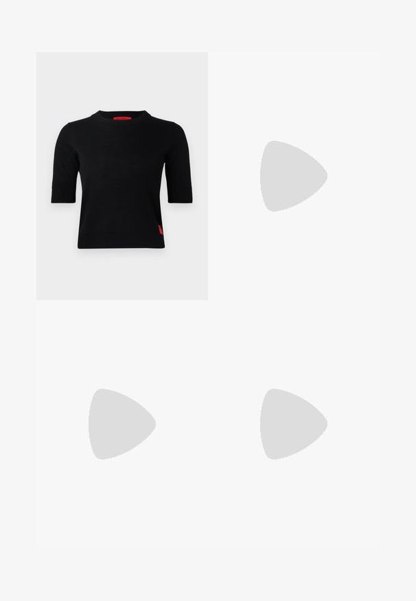 Schwarzes, kurzärmeliges Strickoberteil mit Rundhalsausschnitt. Mit einem roten Logotag auf der linken Seite und gerippten Bündchen. Glatte Textur.; Gestreifte weiße Midi-Rock aus Strick mit einem strukturierten Muster und Ausschnitten am Saum. Elastischer Bund. Weiches Material.; Schwarze Leder-Ballettschuhe mit abgerundeter Spitze, glatter Textur, minimalen Nähdetails und einem flexiblen Sohlen-Design.; Braune Ledertasche mit Klappenverschluss, Beschlägen in Goldfarbe, einem Schultergurt und einer glatten Oberfläche. Kompakte rechteckige Form.