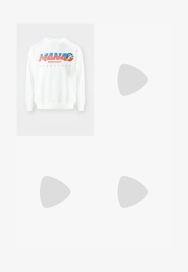 Witte sweatshirt met een rood en blauw grafisch ontwerp. Bevindt zich de tekst "SPORTSWEAR" en een cirkelicoon van een hardlopend figuur. Klassieke pasvorm, lange mouwen.; Wijde donkerblauwe spijkerbroek met gele stiksels, voorzien van een knoopsluiting aan de voorkant en zijzakken. Glad van textuur en met een traditioneel ontwerp.; Zwarte sportschoen met een bovenwerk van mesh en suede, met een gestructureerd ontwerp en een robuuste, gewatteerde grijze zool.; Zwarte zonnebril met rechthoekige lenzen, matte plastic montuur en rechte randen. Bevat het merkteken op de binnenarm.