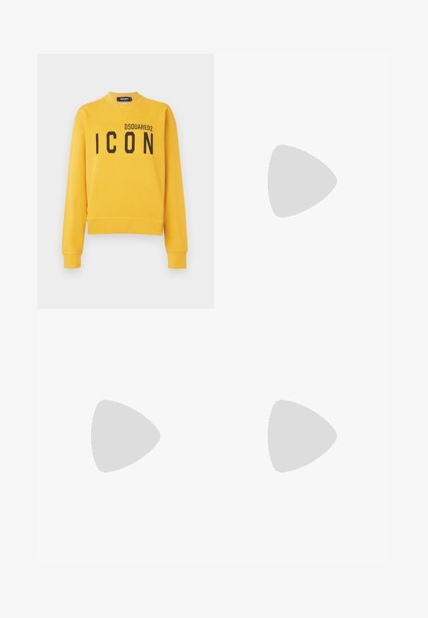 Yellow sweatshirt made of cotton, featuring a crew neck, long sleeves, and a large black "ICON" print at the front.; Dark blue flared jeans made of denim. Features high waist, five pockets, and contrast stitching. Smooth texture and clean finish.; Black leather ballet flat with a rounded toe, smooth texture, minimal stitching detail, and a flexible sole design.; Brown leather handbag with a flap closure, gold-tone hardware, a shoulder strap, and a smooth texture. Compact rectangular shape.