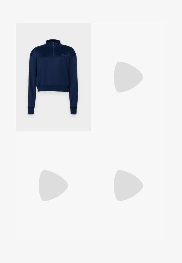 Navy blue zip-neck sweatshirt made of soft fabric, featuring long sleeves and a cropped design with a ribbed hem and cuffs.; Wide-leg dark blue denim jeans with a high waist, featuring a drawstring tie, five pockets, and contrasting stitching details.; Slingback high-heeled shoe in glossy dark brown patent leather, pointed toe, open sides, and adjustable ankle strap.; Tortoiseshell sunglasses with elongated oval lenses, brown tint, gold logo accents on temples, and sleek black arms.