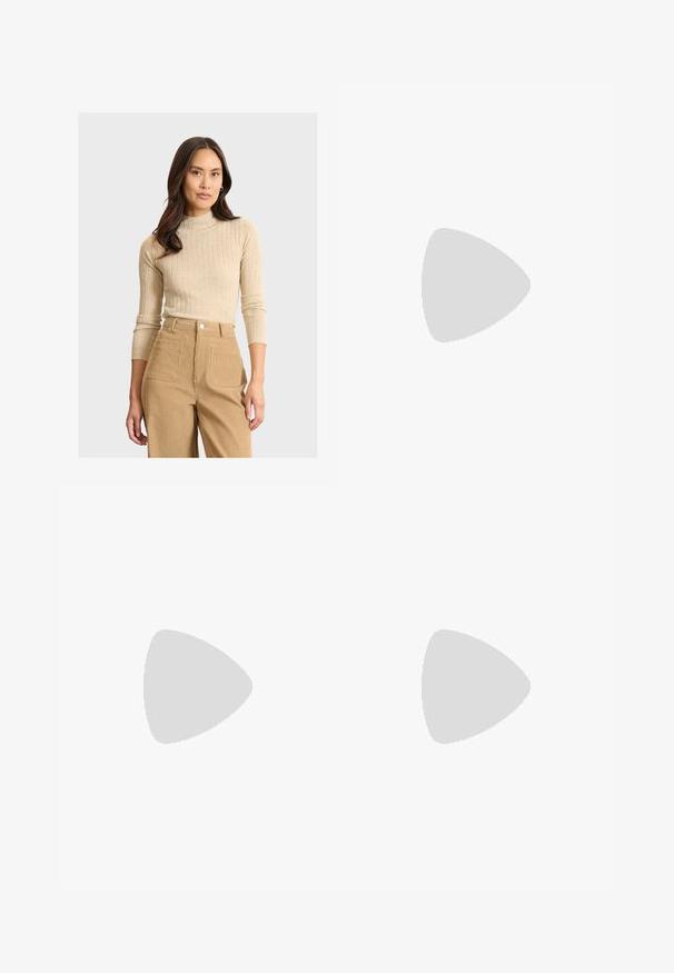 Beige gestreifter Rollkragenpullover mit Dreiviertelärmeln und taillierter Silhouette, kombiniert mit hellbraunen Cordhose mit hoher Taille und Taschen.; Hellgraue Sweatpants mit einem Kordelzug in der Taille, schmal zulaufenden Beinen und einem kleinen weißen Logo am linken Oberschenkel. Hergestellt aus einem weichen, strukturierten Stoff.; Weiße Sportschuhe mit einem oberen Teil aus Mesh, silbernen Akzenten und einem einzigartigen Spiralsohlendesign. Verfügt über einen gepolsterten Schaft und eine Schnürung für optimalen Halt.; Silberne Creolen mit einer glatten, polierten Oberfläche und einer dünnen, runden Form. Das Design verfügt über einen sicheren Verschluss.