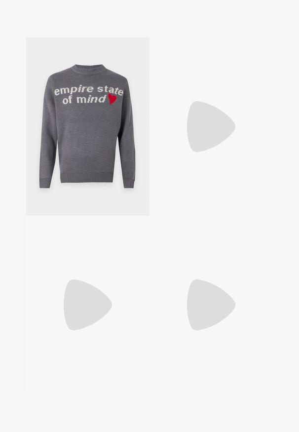 Gray knitted sweater featuring "empire state of mind" in white text and a red heart accent. Crew neck and ribbed hem and cuffs.; Black cotton trousers with a straight-leg design, featuring a button closure, front and back pockets, and smooth texture.; Brown leather sandals with cross straps, adjustable buckle, flat sole, and smooth texture. Minimalist design in a neutral color.; Black rectangular sunglasses with green lenses, featuring a matte finish, straight temples, and the Ray-Ban logo on the side.