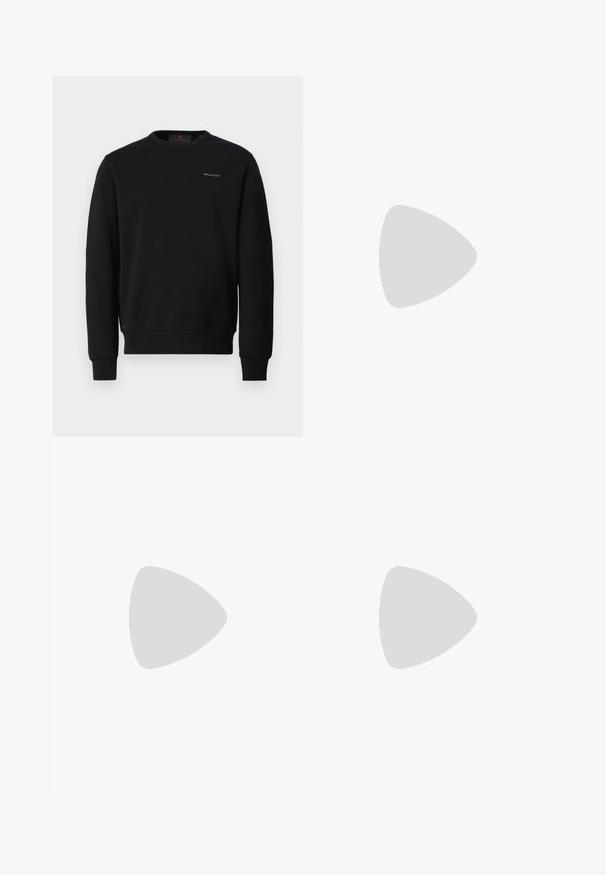 Black cotton sweatshirt featuring a crew neck, long sleeves, ribbed cuffs and hem, with a small white "BELSTAFF" logo on the chest.; Light blue sweatpants made of soft fabric, featuring a tapered design, elastic waistband, and cuffed hems. Small logo on the side.; White leather sneakers with a smooth finish, rounded toe, flat laces, and a textured sole. Grey suede accent at the heel.; Fanny pack in dark blue tie-dye print with a zippered top, textured material, and a prominent logo detail on the front.