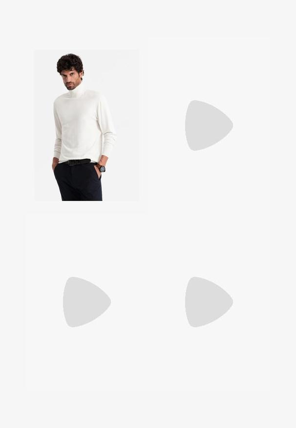Pull à col roulé blanc en tricot lisse. Design ajusté avec des manches longues, associé à un pantalon sombre et une montre en cuir marron.; Chemise blanche à manches longues et à boutons, fabriquée en coton, avec un petit logo brodé sur la poitrine et un design de col classique.; Pantalons plissés gris à coupe décontractée, en tissu léger. Comprend des poches avant et une fermeture à bouton à la taille.; Baskets en cuir blanc avec perforations, à bout rond, semelle plate et lacets épais, arborant un logo swoosh visible et "AIR" sur le talon.; Lunettes de soleil noires avec une monture en plastique élégante, verres sombres dégradés, forme géométrique et marque distinctive sur la branche.