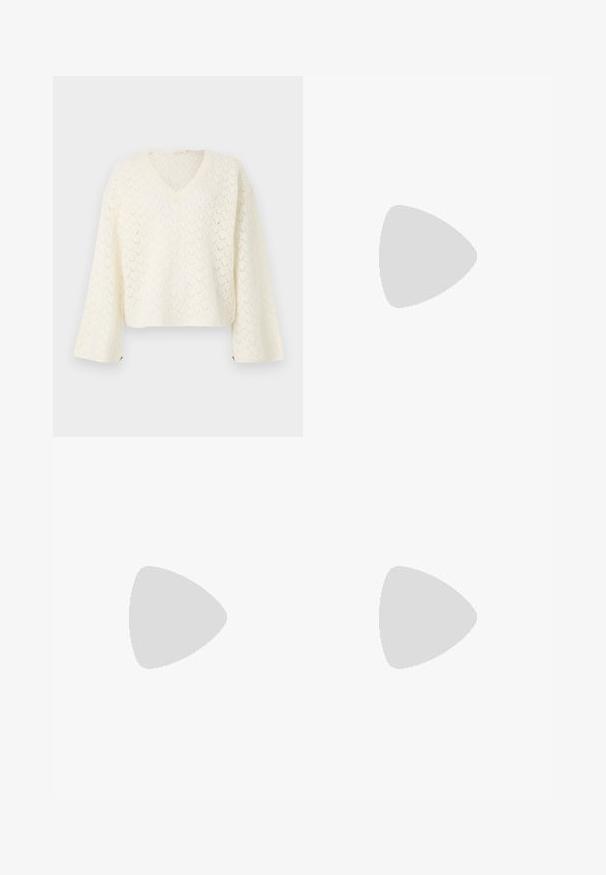 Lace knit sweater in off-white with a V-neck, dropped shoulders, and long sleeves; features an open pattern and cropped cut.; Brown wide-leg trousers made from a smooth fabric, featuring a front button closure, two front pockets, and clean, tailored lines.; Beige suede slingback shoe with a pointed toe and a transparent, rounded heel. Smooth texture and minimalist design.; Brown suede tote bag with dual handles, a button closure strap, and a relaxed, slightly slouchy shape.