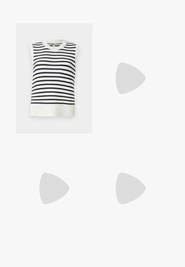 Débardeur en tricot sans manches avec un col rond, comportant des rayures horizontales bleu marine et blanches, un ourlet côtelé et une texture lisse.; Jupe plissée blanche avec une taille élastique noire portant le logo "LACOSTE". Design mi-long avec une texture douce.; Baskets en cuir blanc avec une épaisse semelle blanche, un accent en daim noir au niveau du talon et un logo embossé sur le côté. Design à lacets avec six œillets.; Lunettes de soleil noires surdimensionnées avec une forme géométrique, dotées de verres foncés et d'un détail gris contrastant sur la monture. Logo sur la branche.