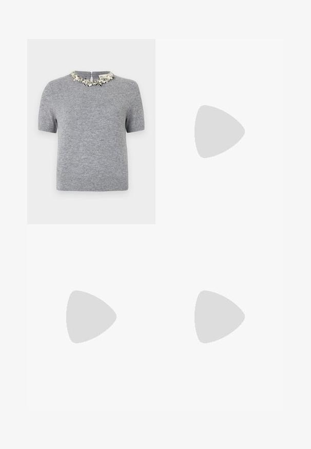 Gray short-sleeve sweater with a textured fabric. Features a decorative beaded neckline and a back zipper closure.; Dark blue high-waist wide-leg jeans with front pockets, belt loops, button closure, and visible stitching on a white background.; Black strappy sandal with a square toe and a low block heel. Features multiple thin straps and an adjustable ankle strap. Made of smooth leather.; Black leather tote bag with smooth texture, structured shape, two handles, and a prominent silver buckle detail on the front.