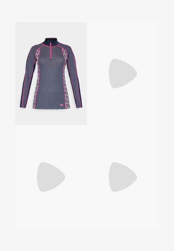 Tengerészkék, hosszú ujjú felső negyed cipzárral, geometrikus mintával rózsaszín és fehér színben, kontrasztos rózsaszín varrással és testhezálló stílusban.; Fekete, hosszú ujjú póló pamutból, kerek nyakkal. A bal mellrészen egy kis fehér logó található. Egyszerű dizájn és szabás.; Fekete nylon zipzáras cargo nadrág állítható mandzsettával, több zsebbel és logóval a jobb lábon. Simább, könnyű textúra.; Beige és krém színű sportcipő, texturált hálós felsőrésszel, támogató burkolattal és gumitalppal, amely tapadás érdekében bordázott mintázattal rendelkezik.