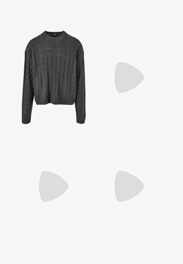 Cable-knit pullover sweater in dark gray with a round neckline, dropped shoulders, and ribbed hem. Features textured patterns throughout.; Wide-leg trousers made of dark gray fabric. Features pleats at the waist, a tailored design, and a straight silhouette.; Black leather loafer with tassels, yellow stitching along the sole, and a thick, ridged rubber outsole.; Black rectangular sunglasses with a glossy finish, dark lenses, and gold hardware accent on the temple featuring the logo.