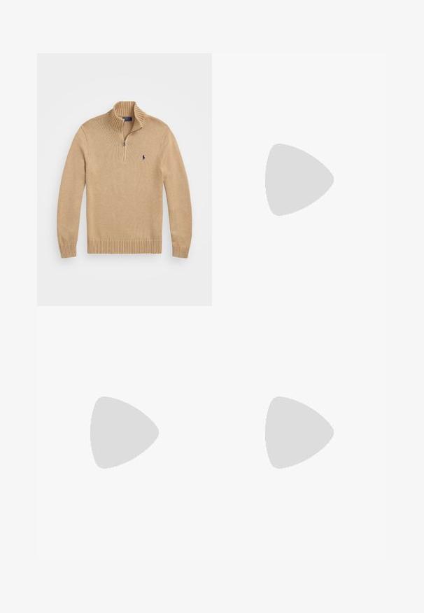Beige zip-up-tröja med ribbad krage och manschetter, strukturerad stickad tyg, med en liten marinblå logotyp på vänster bröst.; Beige långärmad skjorta i bomullsblandning. Har krage med knappar, sju knappar fram och en liten broderad logga på vänster bröst.; Beige bomullskinos med rak framdel, bältesöglor och sidofickor. Rakt ben med en slät textur och en lätt, andningsbar känsla.; Vita lädersneakers, låg design, med en slät yta, rund tå, snörning fram och en liten broderad logotyp på sidan.