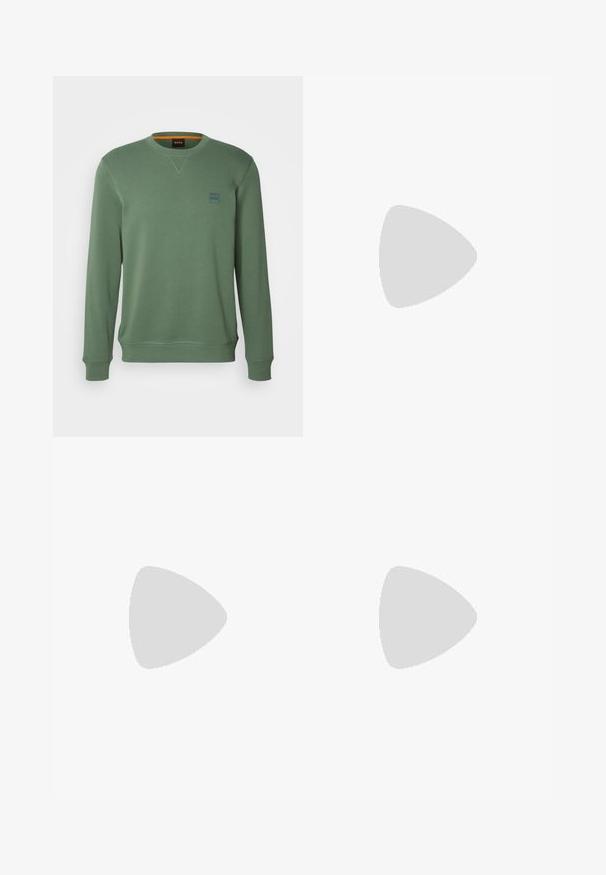 BOSS Sudadera - open green; Camiseta de algodón negro con cuello redondo, mangas cortas y el logotipo "BOSS" en blanco centrado en el pecho. Textura suave, corte casual.; Jeans de mezclilla azul oscuro con corte recto, diseño de cinco bolsillos, ligero desgaste en los muslos y un cierre de botón en la cintura.; Zapatilla de running negra con superficie texturizada, acentos en gris claro y tres rayas horizontales en marrón. Presenta una suela blanca acolchada.
