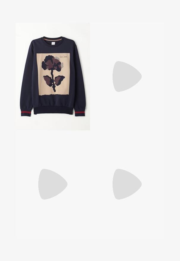 Navy sweatshirt featuring a central beige panel with a large dark floral print. Ribbed cuffs with red accents. Soft material.; Black pleated trousers with a straight, wide-leg design. Made from smooth fabric, featuring a button closure and belt loops.; Black woven slip-on shoe with a smooth leather accent on the upper, a round toe design, and a low-profile rubber sole.; Black synthetic tote bag with two handles, a detachable shoulder strap, front zippered pocket, and silver hardware accents.