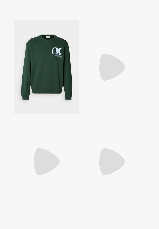 Žalias medvilninis džemperis su ilgomis rankovėmis, apvalia iškirpte ir baltu Calvin Klein logotipu ant krūtinės. Lygus paviršius ir susiūti rankogaliai.; Juodos pritaikytos kelnės su tiesiu siluetu, pagamintos iš sklandžios medžiagos. Turi diržo kilpas ir raukšlių detalę priekyje.; Balti odiniai sportbačiai su lygiu paviršiumi, apvaliu pirštu, plokščiomis raištelėmis ir struktūrizuota padu. Pilko zimšo akcentas ant kulno.; Skaidrūs plastikiniai saulės akiniai su stačiakampiais rudos spalvos lęšiais, pasižymintys plonais, skaidriais šonais ir metaliniais akcentais ant rėmo.