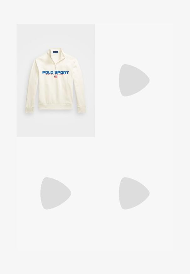 Pulover crem cu fermoar la jumătate, prezentând "POLO SPORT" în albastru și "RALPH LAUREN" în roșu, cu un accent al steagului american, realizat dintr-un material neted.; Cămașă polo albă din bumbac, cu o deschidere cu două butoane, mâneci scurte și un logo subtil pe pieptul stâng. Textură netedă.; Pantaloni din bumbac alba cu un brau elastic, buzunare frontale și detalii cu nasture. Design cu picioare drepte și textură netedă.; Pacienți albi confecționați din material sintetic texturat, având un logo bleumarin, un design cu șireturi și o talpă din cauciuc cu profil redus.