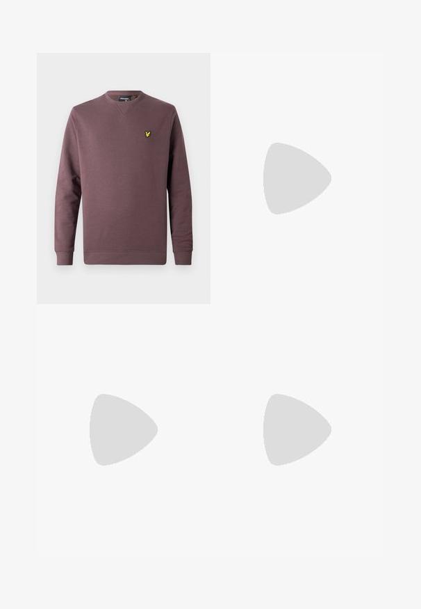 Maroon sweatshirt made of cotton, featuring a crew neck, long sleeves, and a yellow bird logo on the left chest. Simple design, solid color.; Long-sleeved white cotton shirt with a round neckline, side slits at the bottom, and a smooth texture, displayed from the back.; Light blue denim jeans with a straight-leg design, five pockets, button closure, minimal fading, and contrasting stitching details.; White sneaker with a smooth leather upper and a low profile. Features a rounded toe, six eyelets, and a textured rubber sole.