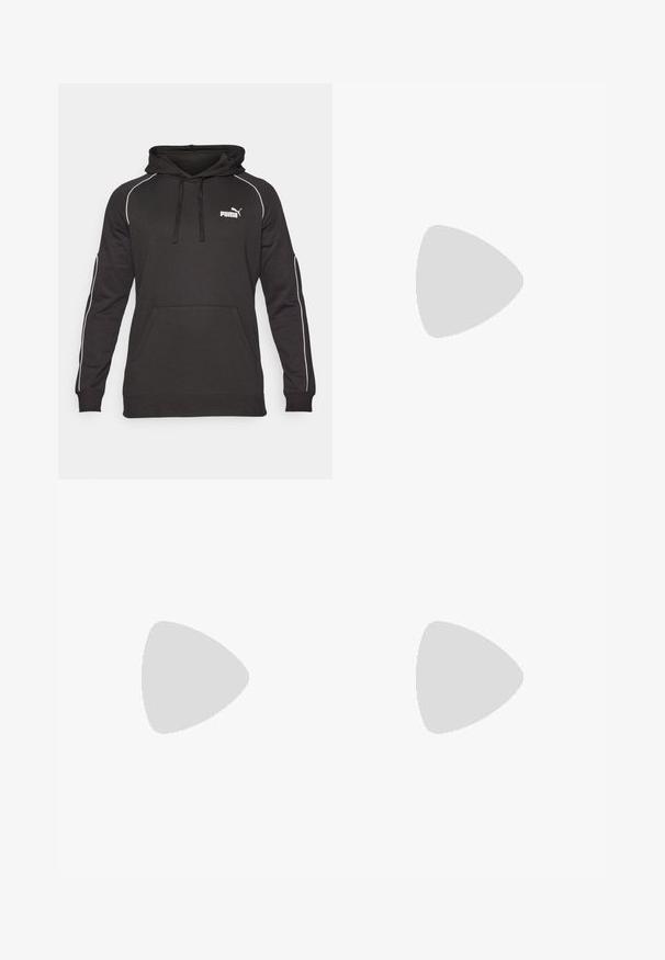Black hooded sweatshirt made of soft fabric, featuring white side stripes, a front kangaroo pocket, and a small Puma logo on the chest.; Black short-sleeve sports t-shirt made of lightweight fabric. Features a crew neck and printed "HYROX" logo with a Puma emblem on the front.; Black cargo shorts with an elastic waistband, side pockets, and a white Puma logo on the left leg. Made from lightweight fabric.; Lightweight running shoe in white with black and coral accents. Features a breathable upper, pronounced cushioning, and a sleek, aerodynamic shape.