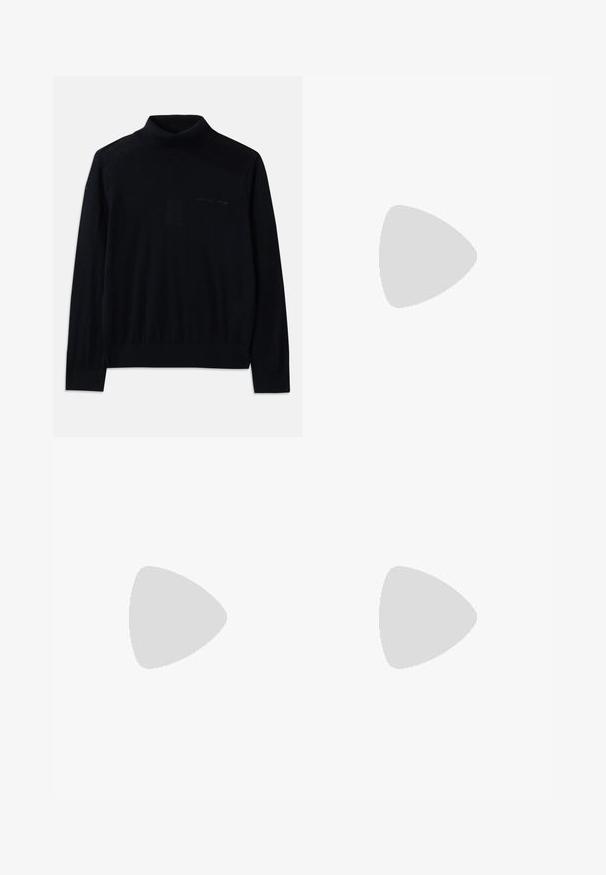 Mustassa pooloneuleessa on pehmeä kangas, pitkähihaisuus ja huomaamaton brodeerattu logo edessä. Yksinkertainen muotoilu ribbausreunuksilla.; Mustat leveälahkeiset collegehousut, joissa on kiristysnauha vyötäröllä, sivuvetoketjut, pehmeä kangas ja tyylikäs muotoilu.; Musta nahkainen ballerina, jossa on pyöristetty kärki, sileä pinta, minimaalinen ommelkoristelu ja joustava pohjamuotoilu.; Musta nahkareppu, jossa on läppä suljenta, etutasku, sivu vetoketjutaskut ja yläkahva. Edessä logo-detailit.