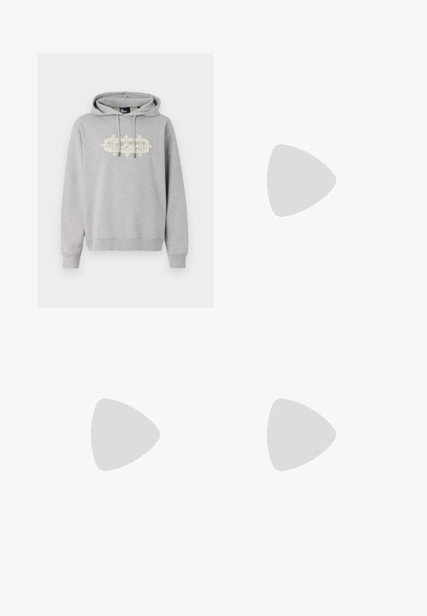 Grauer Hoodie aus Baumwollmischung mit einem Frontdruck in cremefarbenem Text und einem verschnörkelten Muster. Mit Kordelzug und gerippten Bündchen.; Filippa K TERRY CROPPED TROUSERS - Stoffhose - sage melange; Weiße Ledersneaker mit glatter Oberfläche, runder Zehenpartie, flachen Schnürsenkeln und strukturiertem Sohlenprofil. Mit einem dezenten Logo an der Ferse.; Schwarze runde Sonnenbrille mit dunklen Gläsern und schlanken Metallbügeln. Enthält klare Tempelspitzen und silberne Akzente am Scharnier. Minimalistisches Design.