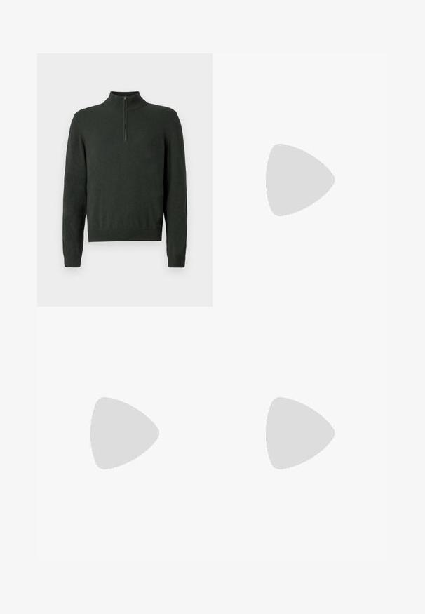 Suéter de manga larga de color verde oscuro con cuello de media cremallera y puños y dobladillo acanalados sobre un fondo liso.; Pantalones de algodón beige con un diseño de pierna recta, cierre frontal con botón y presillas para cinturón. Textura suave, sin patrones ni acentos visibles.; Zapatillas Lacoste en gris oscuro con material de malla y sintético, que cuentan con una suela texturizada y detalles en marrón en el cuello y la marca.; Riñonera en estampado de tie-dye azul oscuro con cremallera en la parte superior, material texturizado y un detalle de logotipo prominente en la parte frontal.
