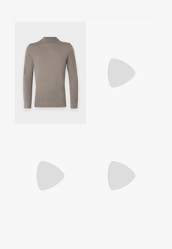 Light brown, long-sleeve turtleneck sweater. Soft knit texture, fitted design, ribbed cuff and hem. Simple, seamless construction.; Light blue denim jeans with a straight-leg design, five pockets, button closure, minimal fading, and contrasting stitching details.; Black leather loafers feature a raised seam, two decorative straps on the upper, and a thick textured sole for added grip.; Dark navy leather briefcase with dual top handles and a detachable strap. Features textured finish, vertical stitching, and logo detail.