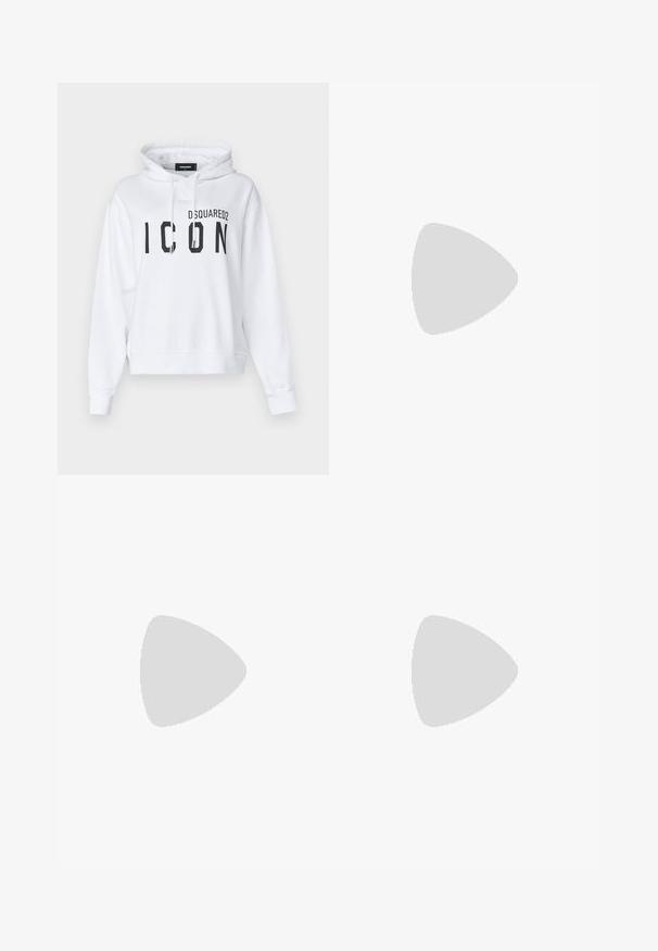 Valkoinen lyhyt cropped-huppari, joka on valmistettu puuvillaseoksesta. Siinä on iso musta "ICON" -painatus ja "DSQUARED2" -logo. Mukana kiristettävä huppu.; Musta housut, jotka on valmistettu kevyestä kankaasta, sisältävät säädettävän vyötärön ja nyörilliset lahkeensuut. Suunniteltu löysäksi, ylisuureksi istuvuudeksi ja useilla taskuilla.; Mustat urheilukengät, joissa on verkkoyläosa ja kiiltävät yksityiskohdat. Varustettu kaarevalla jousituksella ja teksturoiduilla viivoilla sivuilla. Nike-logo näkyvissä.; Mustat suorakulmaiset aurinkolasit tummilla linsseillä, sileä muovikehys ja hienovarainen logo vasemmassa varressa. Minimalistinen muotoilu.