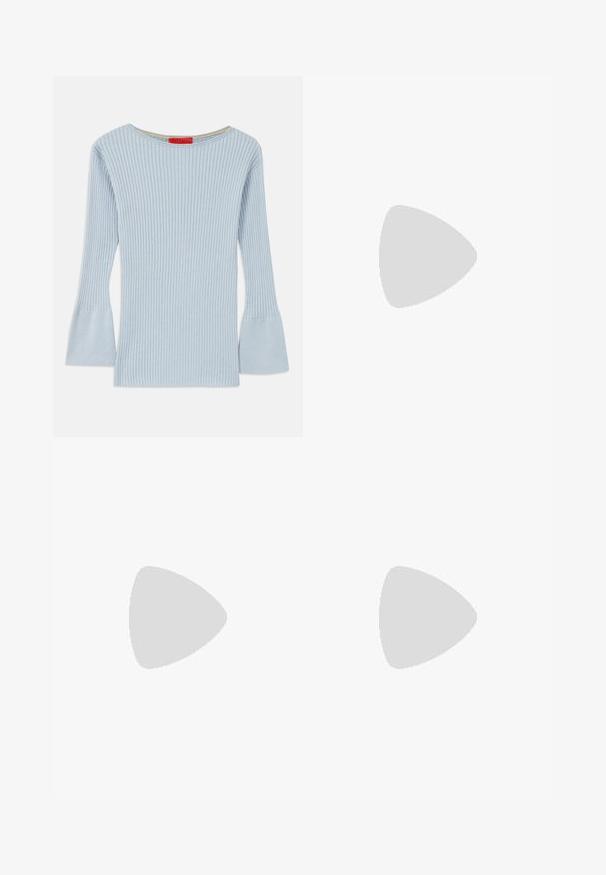 Light blue, ribbed knit top with a boat neckline and flared sleeves. Features a subtle texture and an inner yellow accent at the collar.; Navy blue wide-leg pants in cotton with multiple pockets. Features colorful embroidered text and graphics including hearts and playful phrases.; Brown suede loafer with a round toe, featuring a ribbed platform sole and a decorative strap across the upper.; Brown leather handbag with a flap closure, gold-tone hardware, a shoulder strap, and a smooth texture. Compact rectangular shape.