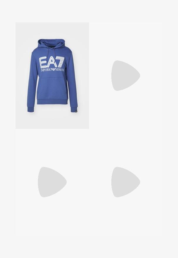 EA7 Emporio Armani Felpa con cappuccio - bluette; Jeans in denim blu scuro con vestibilità slim, caratterizzati da schizzi di vernice, cuciture visibili e design classico a cinque tasche. Taglio dritto.; Sneaker in pelle bianca con una finitura liscia, punta rotonda, lacci piatti e suola testurizzata. Presenta un logo discreto sul tallone.; Occhiali da sole neri rotondi con lenti scure e sottili bracci in metallo. Include punte trasparenti e accenti argentati alla cerniera. Design minimalista.