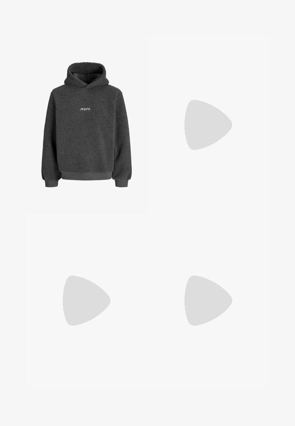 Gray fleece hoodie with a textured surface, kangaroo pocket, and ribbed cuffs and hem. Features a small white logo on the front.; White cotton t-shirt with short sleeves, rounded neckline, relaxed fit, and no visible logos or patterns. Smooth texture and minimal design.; High-waisted, loose-fitting jeans in faded black denim. Features five pockets, belt loops, and a clean, straight leg design.; Gray and white sneaker with a suede and leather upper, rounded toe, flat laces, and a rubber sole featuring a gum accent.