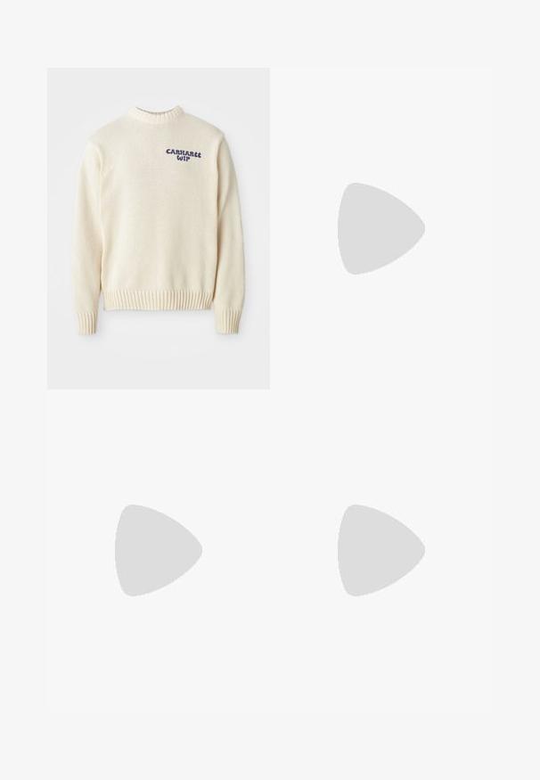 Cream knitted sweater with a round neck, ribbed cuffs and hem, featuring blue "Carhartt WIP" logo on the front. Textured fabric.; White cotton t-shirt featuring a large orange "NIKE" logo and green text that reads "SPORTSWEAR ENGINEERED" and additional specifications.; Black cotton trousers with a straight fit, featuring a button closure, two front pockets, and a smooth texture.; Beige and gray athletic shoe with textured mesh upper, rounded toe, and rubber sole, featuring laces and a padded collar.