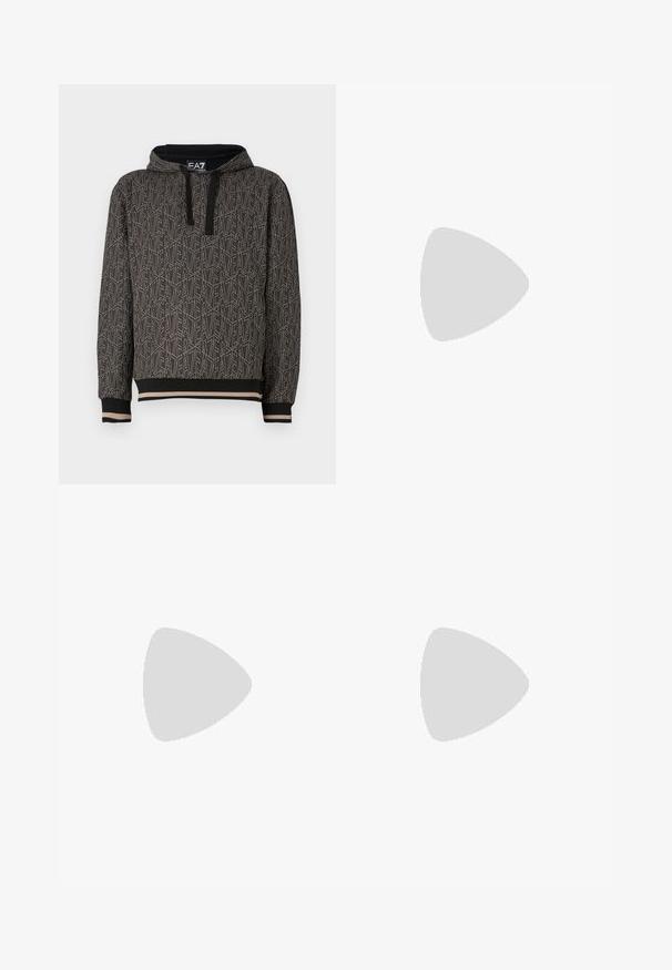 Felpa con cappuccio scuro caratterizzata da un motivo geometrico ripetuto, realizzata in un tessuto testurizzato. Cappuccio con lacci neri e polsini a righe alla base.; Camicia a righe in bianco e nero, con maniche lunghe, colletto classico e una tasca sul petto con righe orizzontali.; Jeans in denim grigio con un taglio dritto, design a cinque tasche e chiusura con bottone in vita. Textura leggermente scolorita su tutta la superficie.; Sneaker in pelle bianca con una finitura liscia, punta rotonda, lacci piatti e suola testurizzata. Presenta un logo discreto sul tallone.