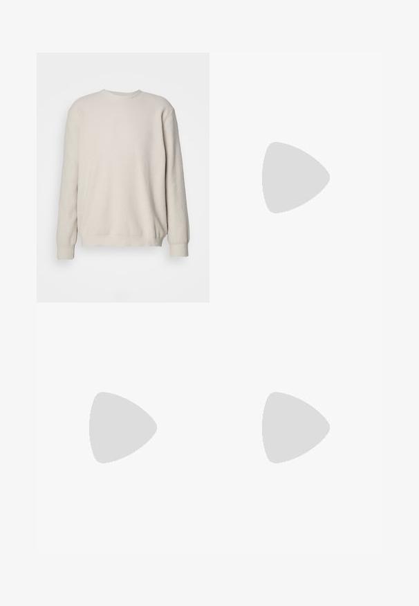 Beige long-sleeve sweater with ribbed texture, round neck, and fitted cuffs. Simple, unembellished design with a relaxed fit.; Light brown tailored trousers with straight legs, belt loops, front seam, and concealed fastening, displayed flat on white background.; Beige suede sneaker with a low-top design, round toe, flat laces, and a textured rubber sole. Minimalist style with no visible logos.; Beige scarf featuring "ARMANI" logo in brown. Rectangular shape with a soft texture and fringed edges. Minimalist design, high-quality material.
