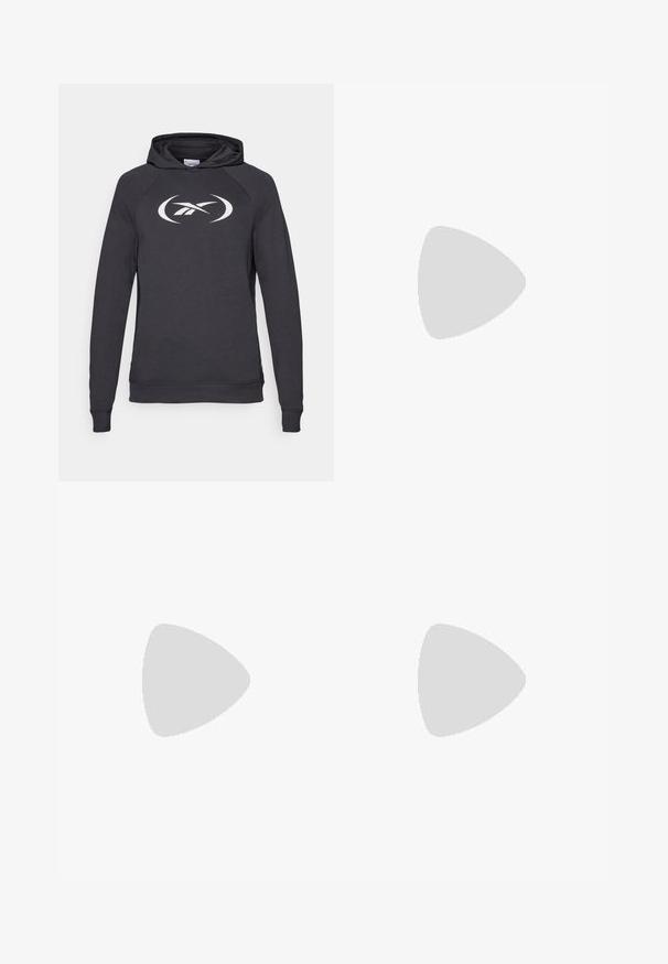 Hoodie gris foncé avec une poche kangourou à l'avant, des poignets et un ourlet côtelés. Présente un grand logo blanc sur la poitrine, fabriqué en tissu doux.; T-shirt blanc à col rond en coton, avec des manches courtes et un petit logo brodé sur la partie gauche de la poitrine. Texture douce.; Pantalon de survêtement gris en mélange de coton doux, avec une taille élastique, des jambes fuselées et un petit logo sur la zone de la poche gauche.; Baskets de sport blanches avec une tige synthétique lisse, accent logo noir et détails perforés sur le côté. Semelle en caoutchouc.